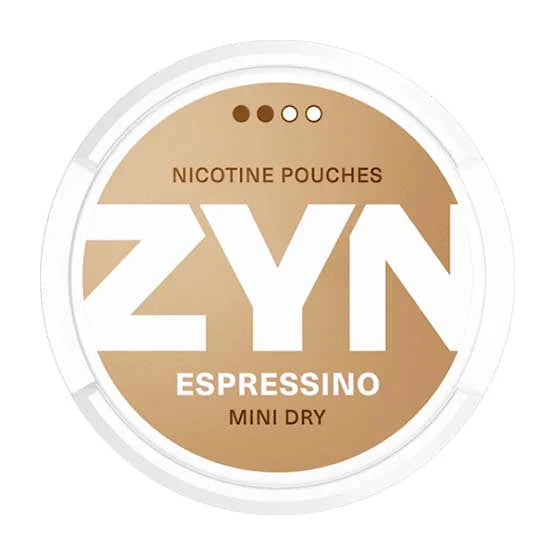 ZYN Espressino Mini Dry nicotine pouch, gold packaging, nicotine pouch.